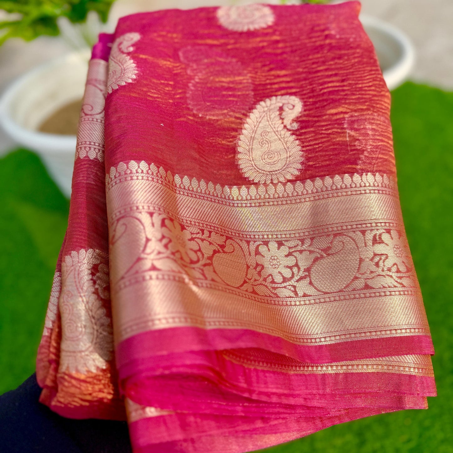 Pink Banarasi Crush Tissue Silk Saree Alna Apparels
