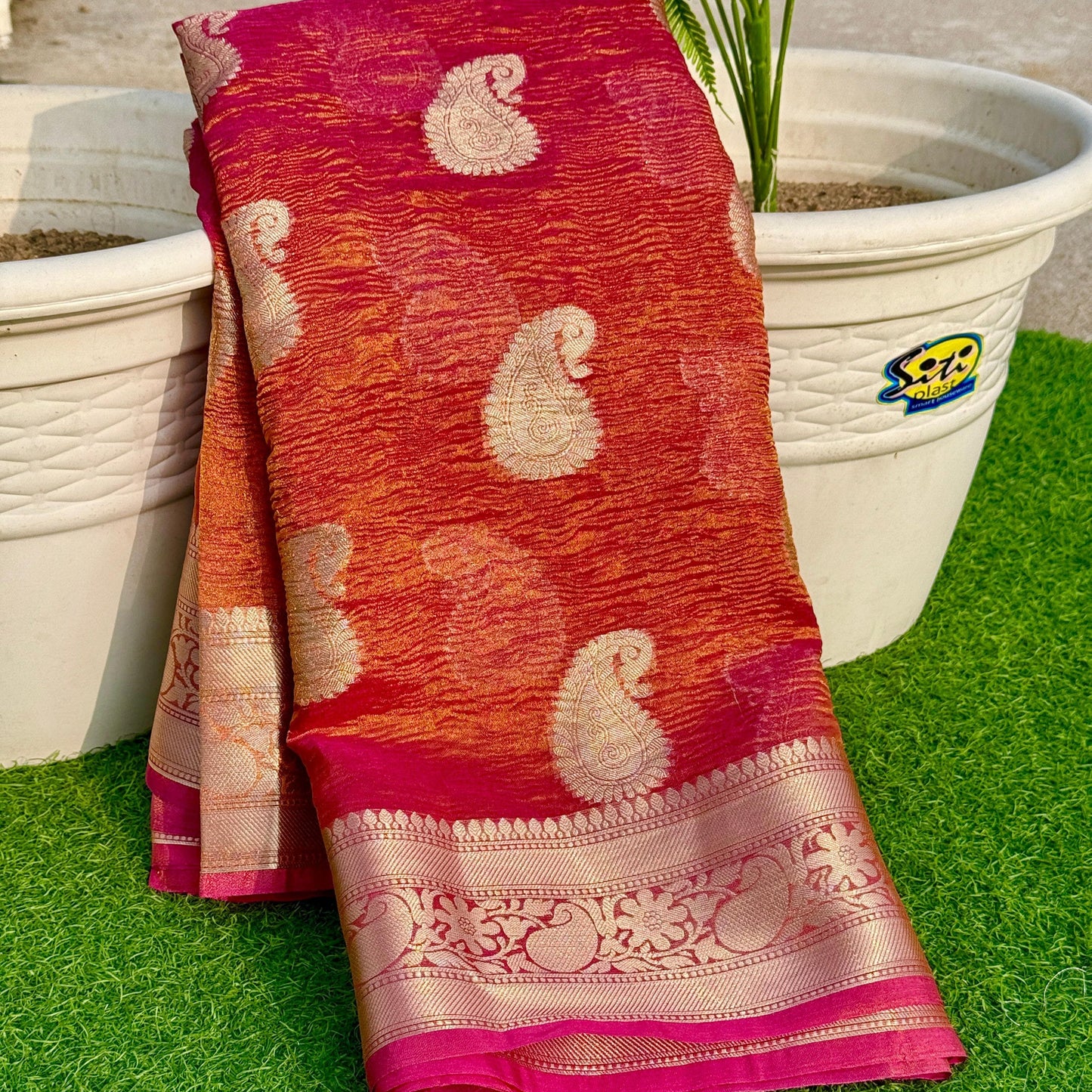 Pink Banarasi Crush Tissue Silk Saree Alna Apparels