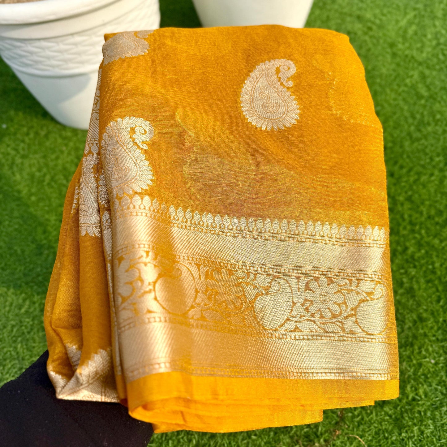 Yellow Banarasi Crush Tissue Silk Saree Alna Apparels