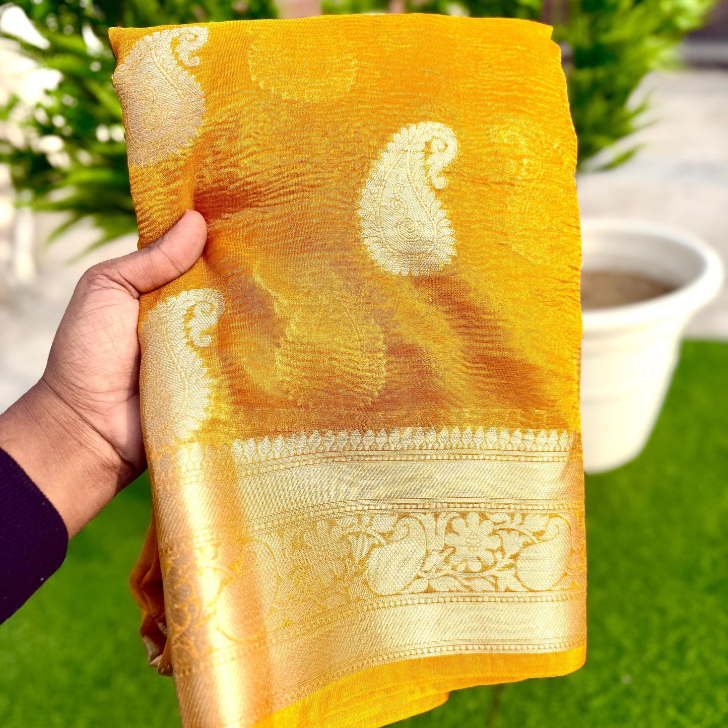 Yellow Banarasi Crush Tissue Silk Saree Alna Apparels