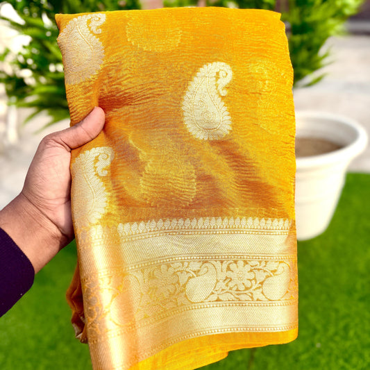 Yellow Banarasi Crush Tissue Silk Saree Alna Apparels