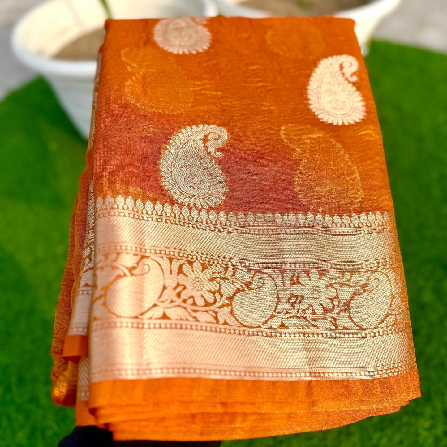 Orange Banarasi Crush Tissue Silk Saree Alna Apparels