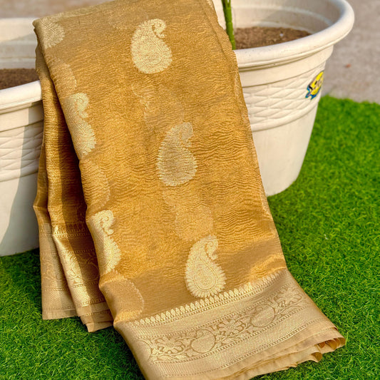 Gold Banarasi Crush Tissue Silk Saree Alna Apparels