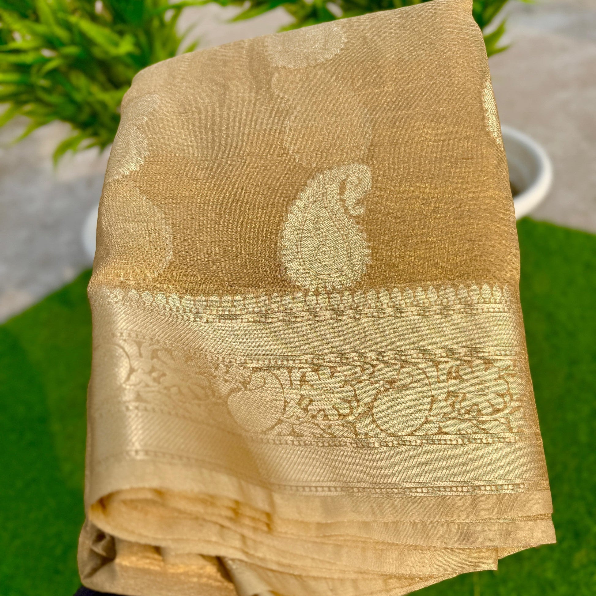 Gold Banarasi Crush Tissue Silk Saree Alna Apparels
