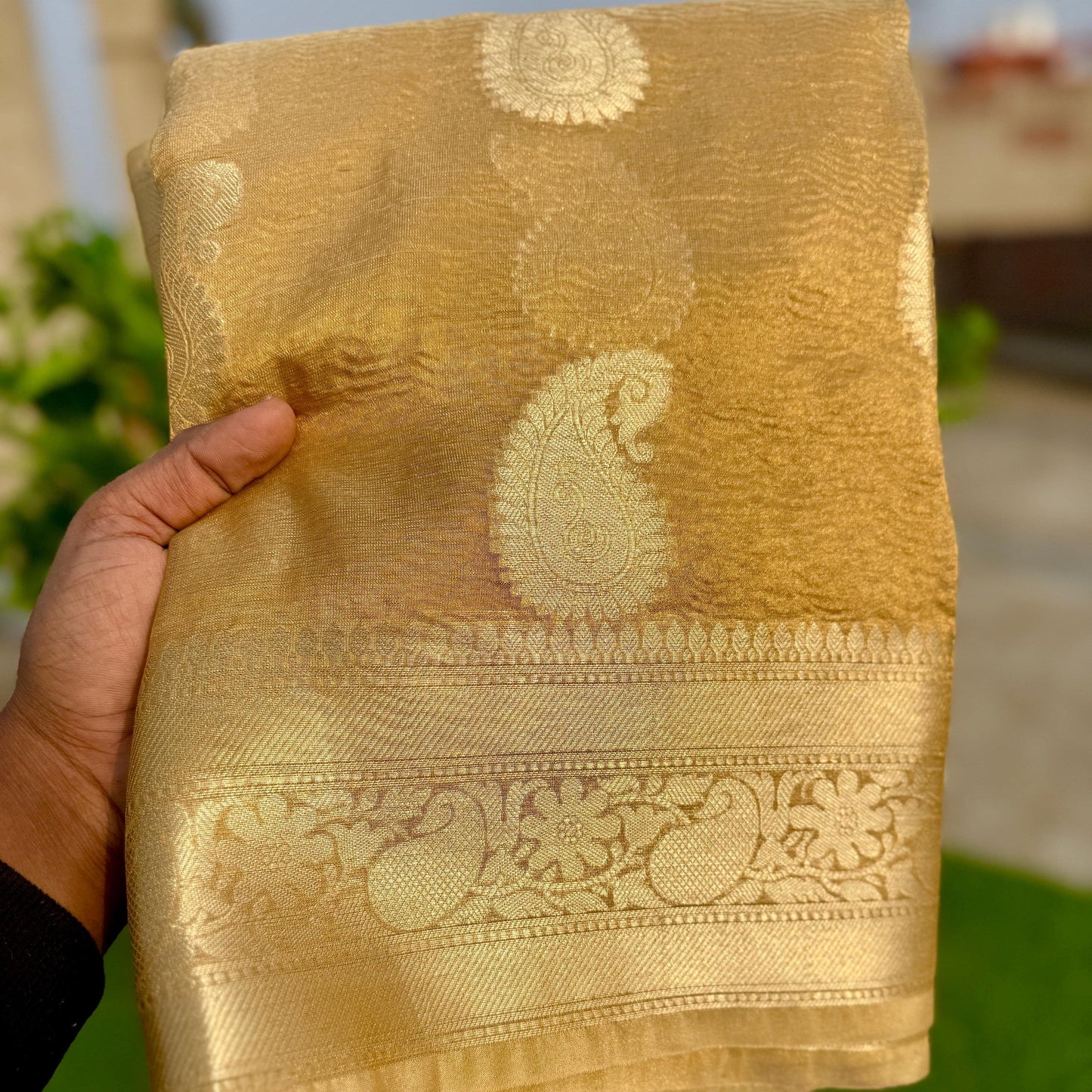 Gold Banarasi Crush Tissue Silk Saree Alna Apparels