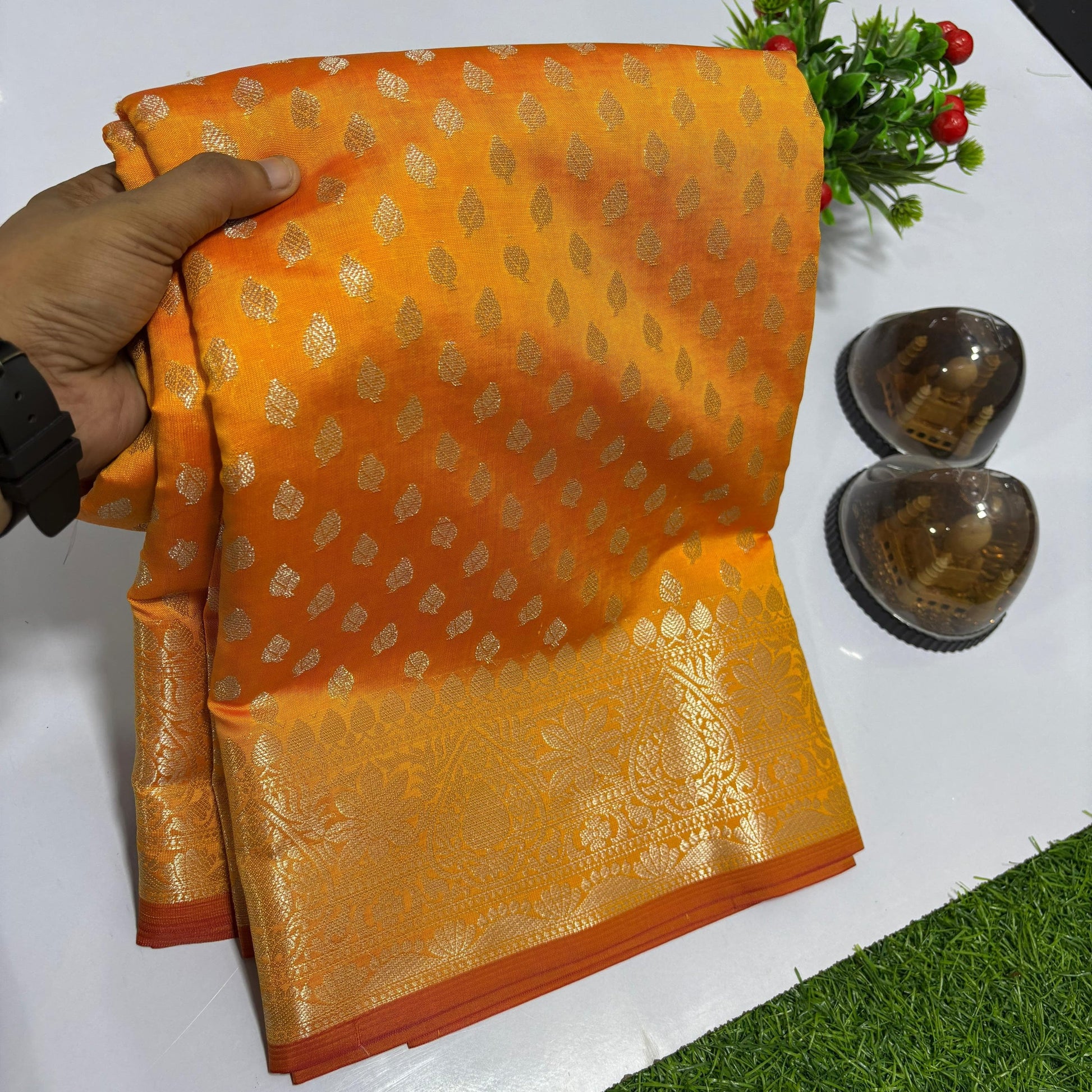 Yellow Banarasi Kathan Silk Saree Alna Apparels