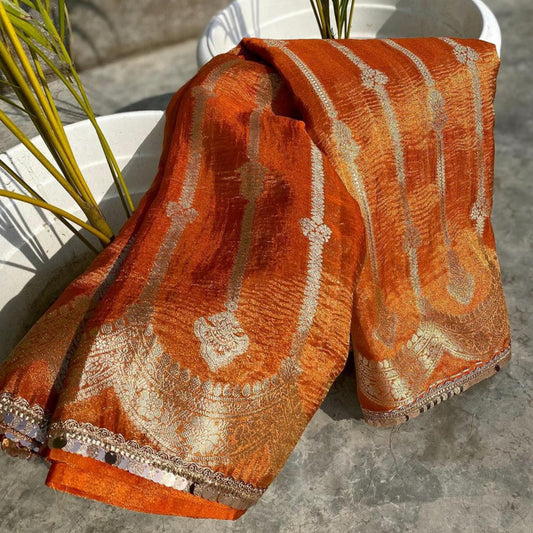 Orange Banarasi Crush Tissue Silk Saree with Lace Work Alna Apparels