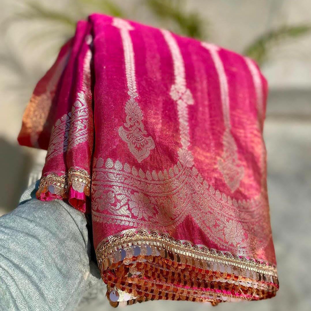 Pink Banarasi Crush Tissue Silk Saree with Lace Work Alna Apparels