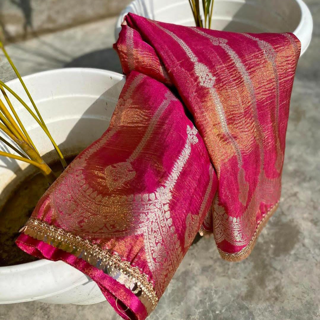 Pink Banarasi Crush Tissue Silk Saree with Lace Work Alna Apparels