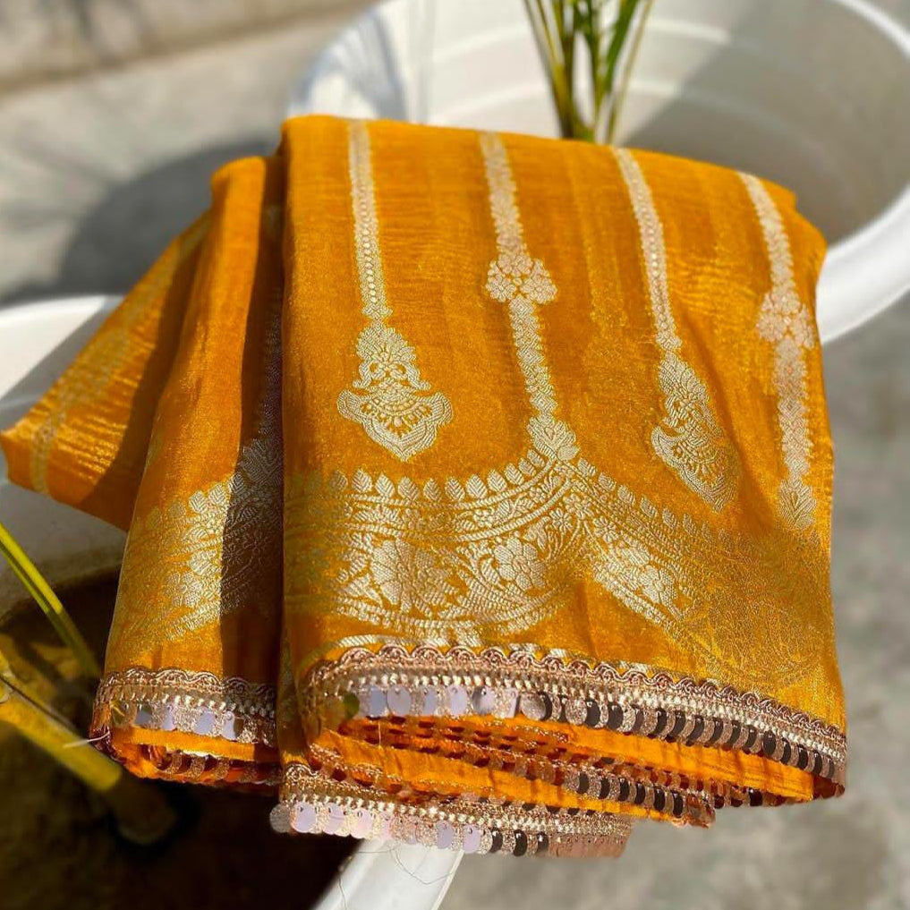 Mustard Yellow Banarasi Crush Tissue Silk Saree with Lace Work Alna Apparels