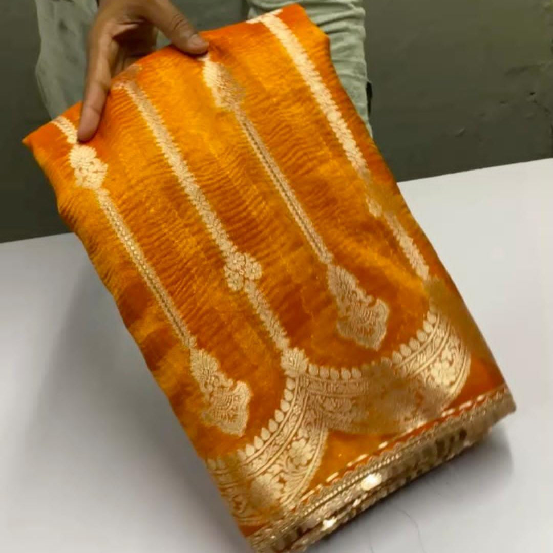 Mustard Yellow Banarasi Crush Tissue Silk Saree with Lace Work Alna Apparels