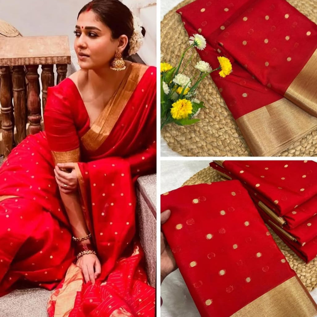 Nayantara inspired Red Banarasi Kathan Silk Saree Alna Apparels
