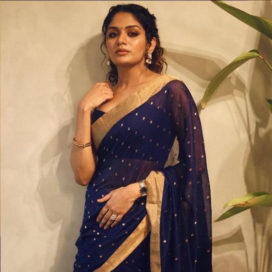 Athithi Sankar inspired Navy Blue Banarasi Kathan Silk Saree Alna Apparels