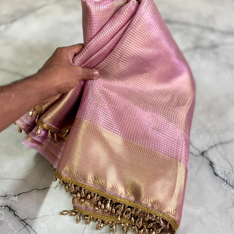 Nayantara inspired Pink Banarasi Tissue Silk Saree with Lace Alna Apparels