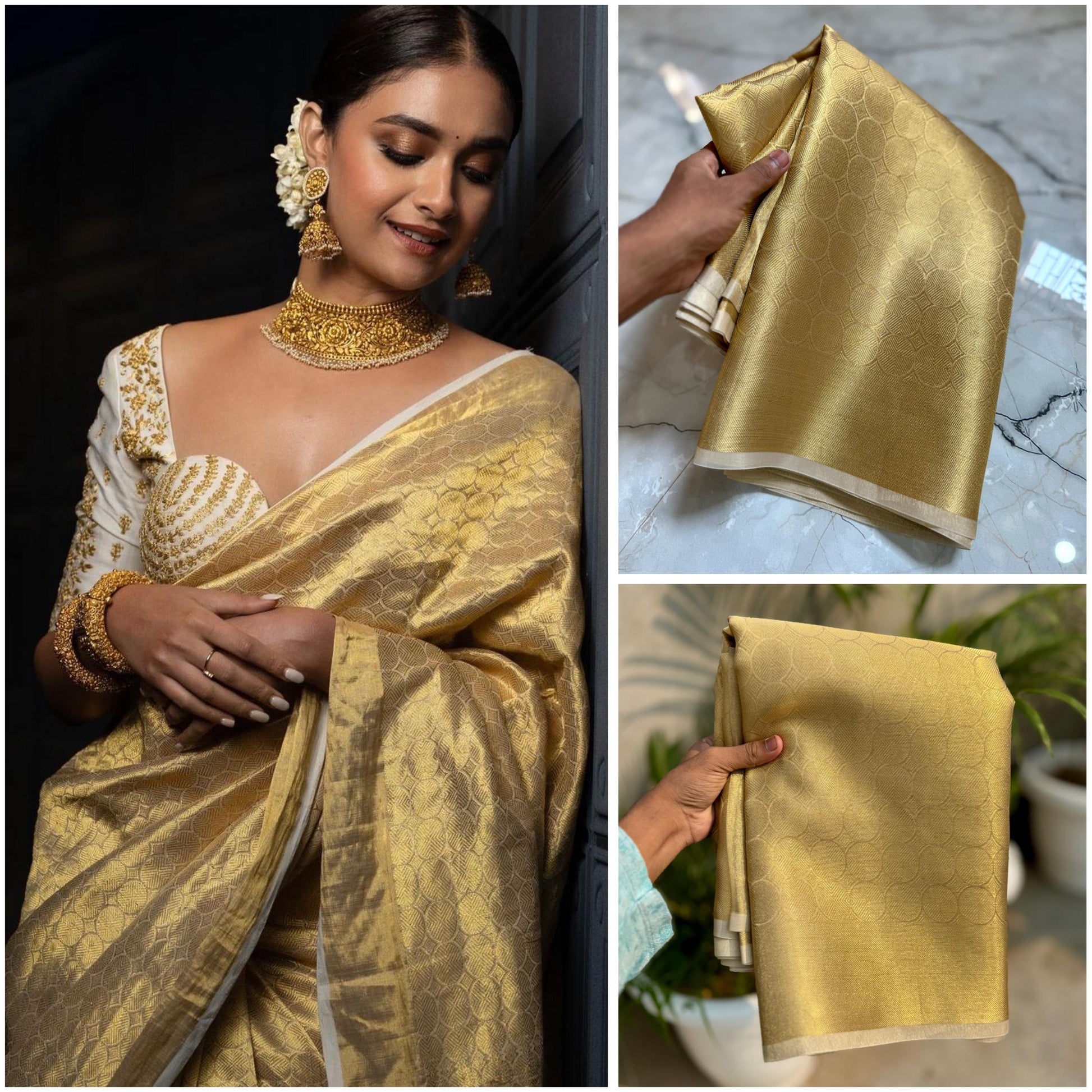 Keerthi Suresh inspired Gold Banarasi Tissue Silk Saree Alna Apparels