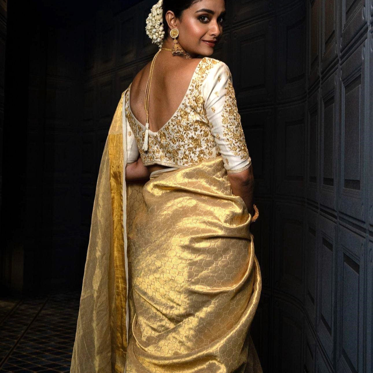 Keerthi Suresh inspired Gold Banarasi Tissue Silk Saree Alna Apparels