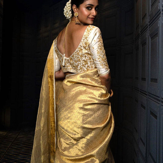 Keerthi Suresh inspired Gold Banarasi Tissue Silk Saree Alna Apparels