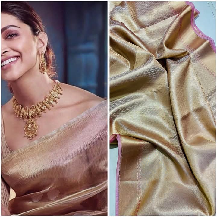 Deepika Padukone inspired Gold Banarasi Tissue Silk Saree Alna Apparels