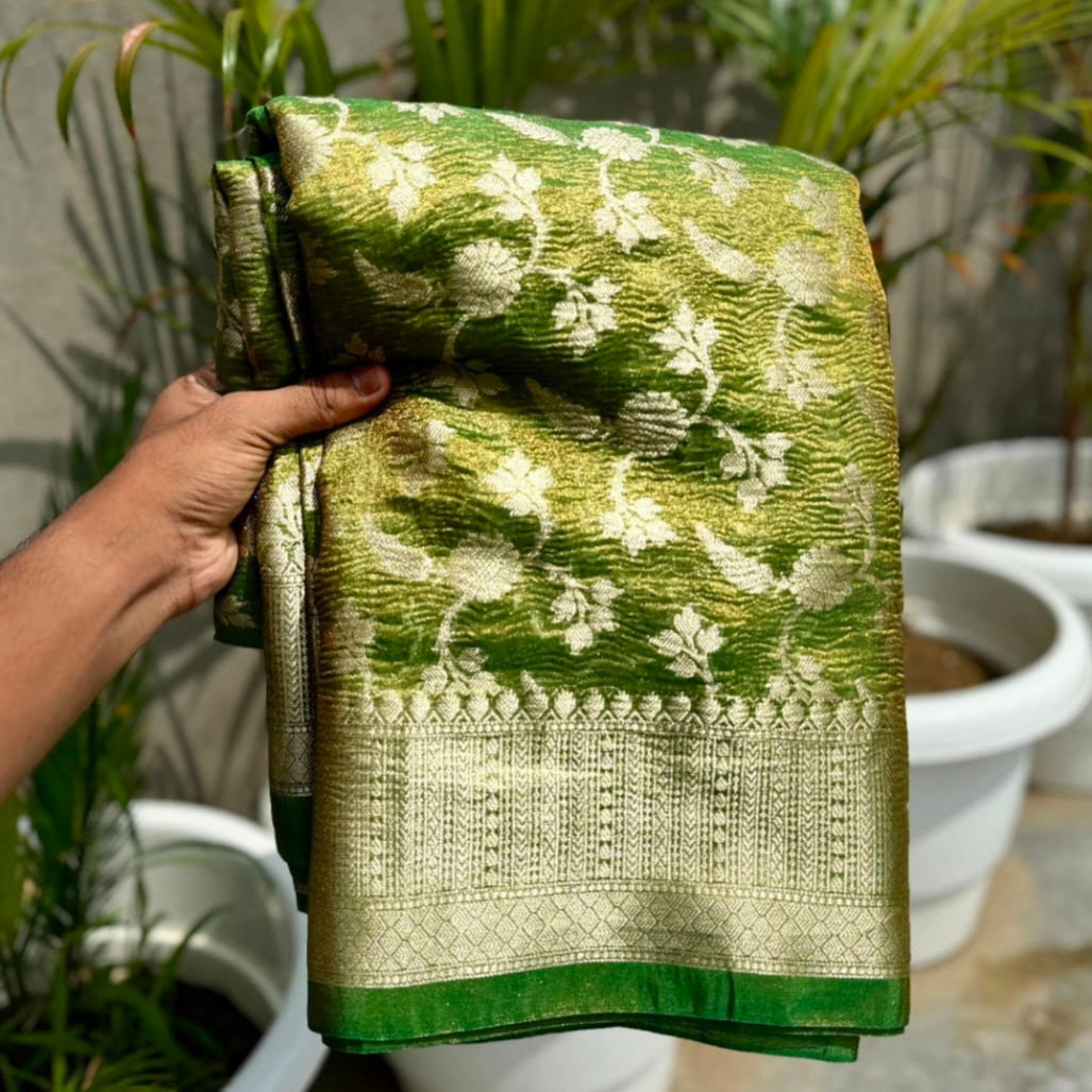Green Banarasi Crush Tissue Silk Saree Alna Apparels
