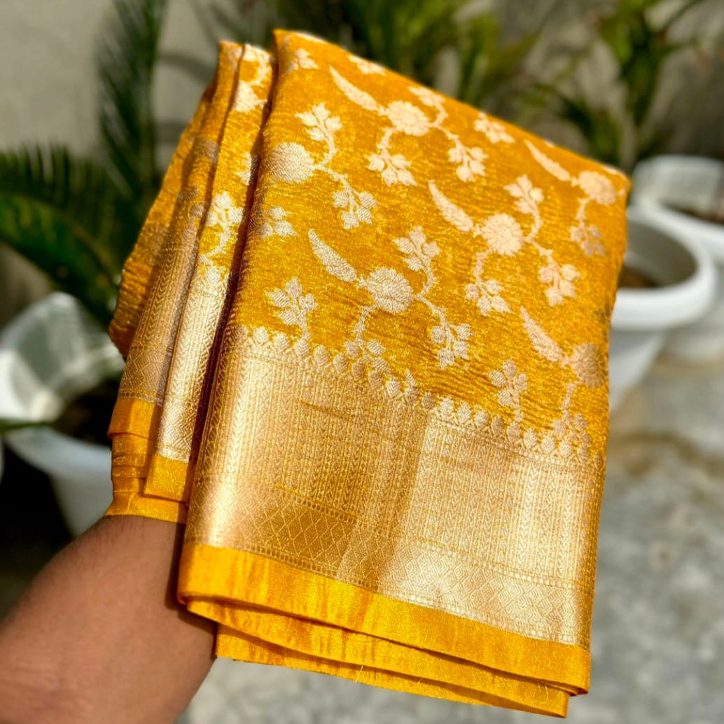 Mustard Banarasi Crush Tissue Silk Saree Alna Apparels