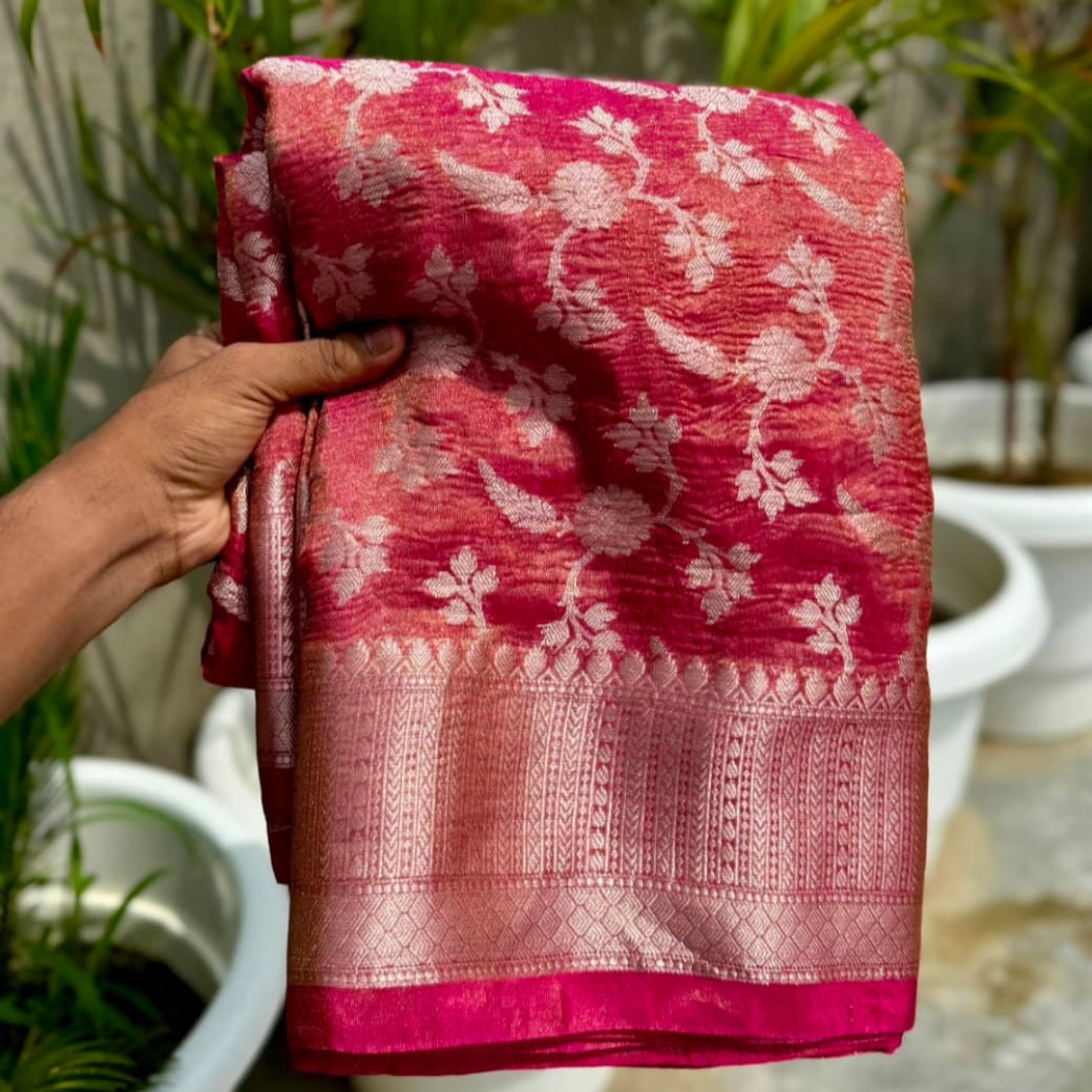 Pink Banarasi Crush Tissue Silk Saree Alna Apparels