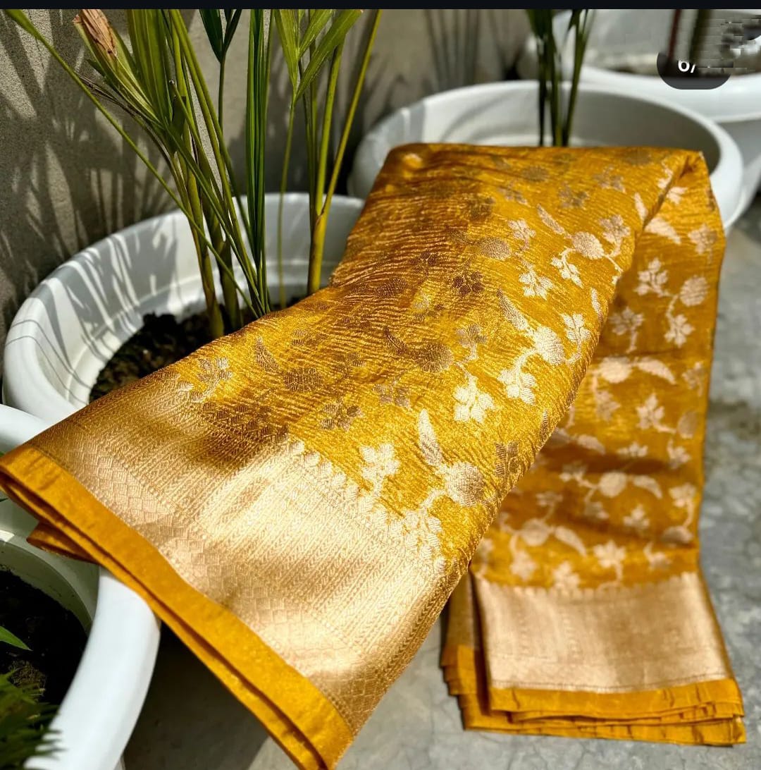 Mustard Banarasi Crush Tissue Silk Saree Alna Apparels