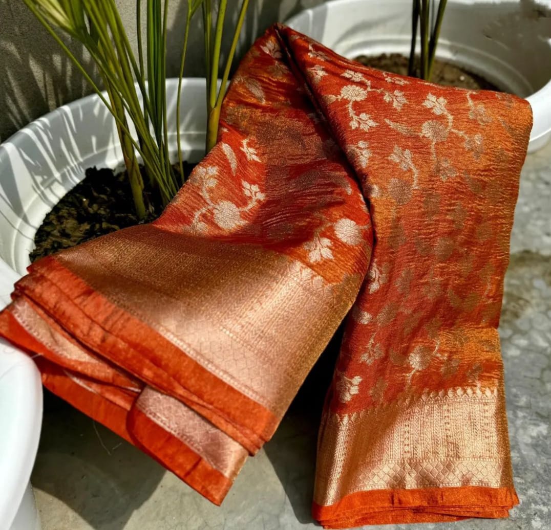 Orange Banarasi Crush Tissue Silk Saree Alna Apparels