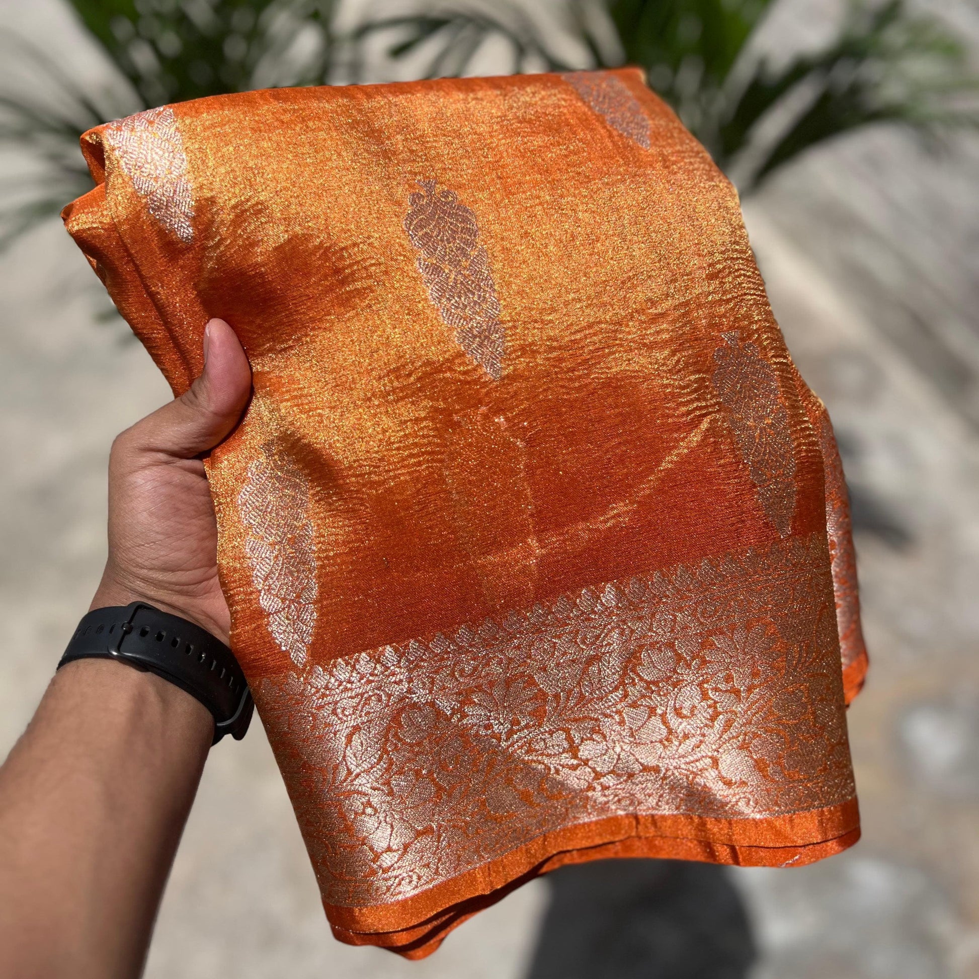 Orange Banarasi Crush Tissue Silk Saree Alna Apparels