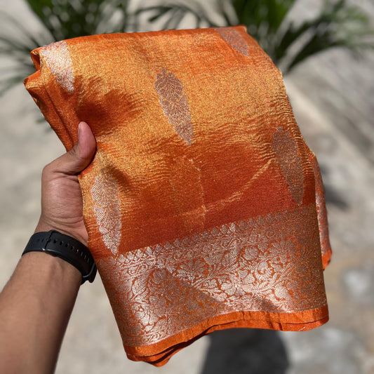 Orange Banarasi Crush Tissue Silk Saree Alna Apparels