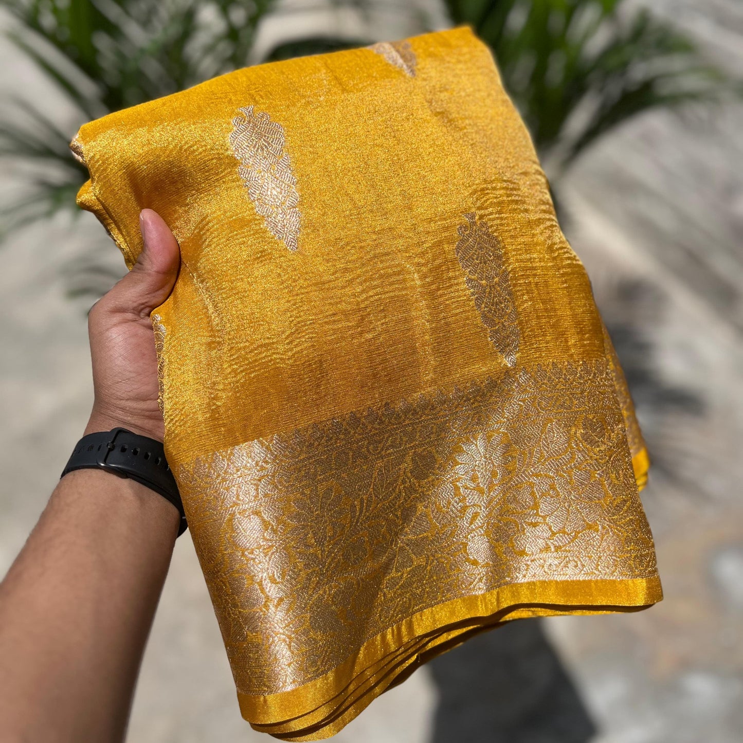 Mustard Yellow Banarasi Crush Tissue Silk Saree Alna Apparels