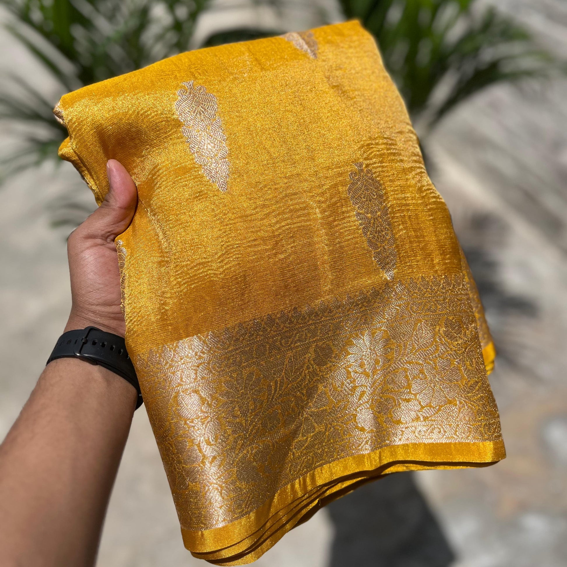 Mustard Yellow Banarasi Crush Tissue Silk Saree Alna Apparels