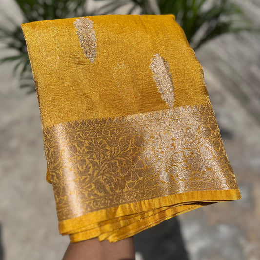 Mustard Yellow Banarasi Crush Tissue Silk Saree Alna Apparels
