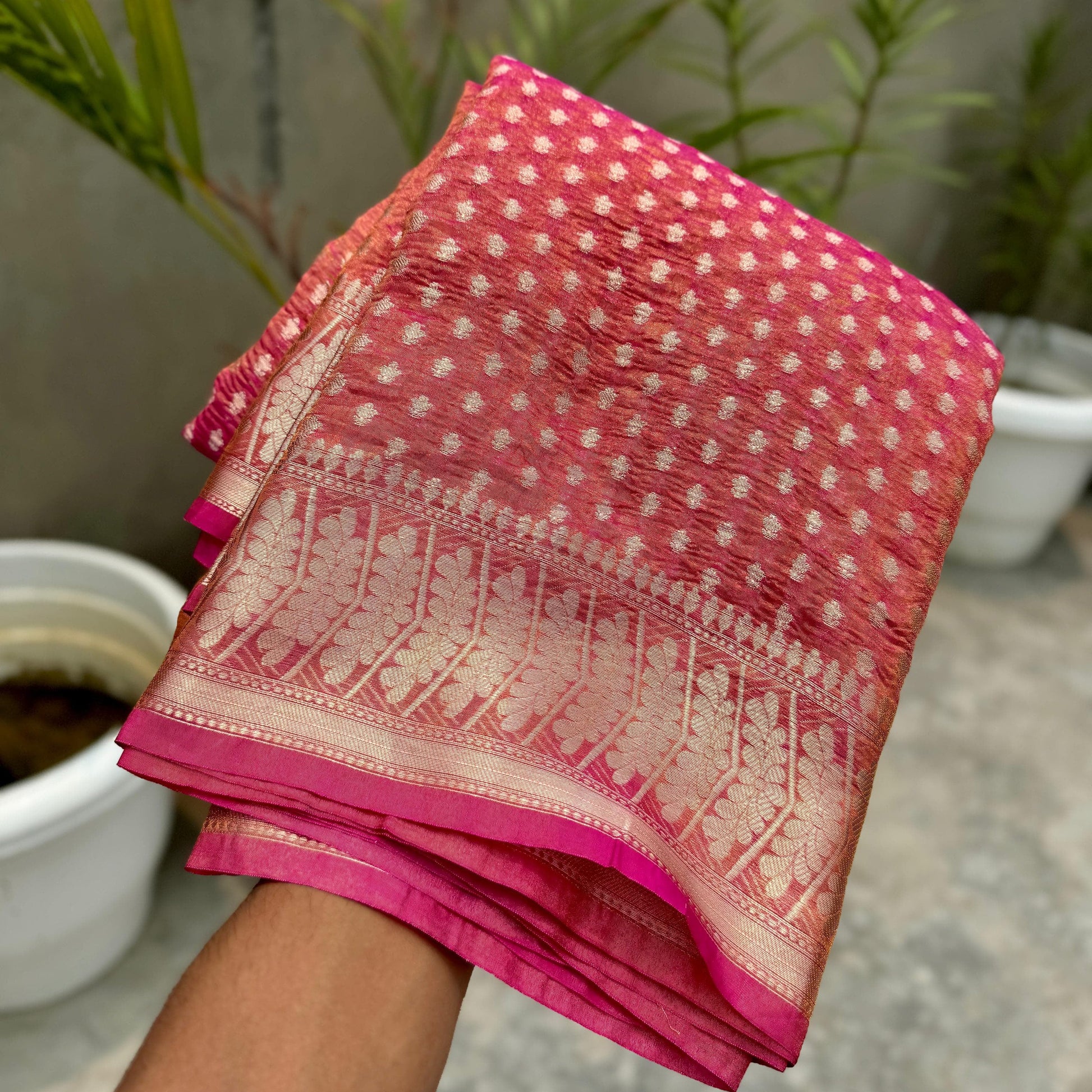 Pink Banarasi Crush Tissue Silk Saree Alna Apparels