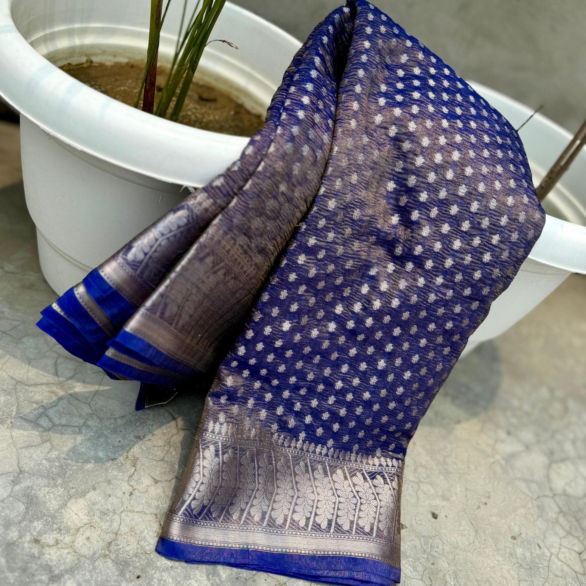 Blue Banarasi Crush Tissue Silk Saree Alna Apparels