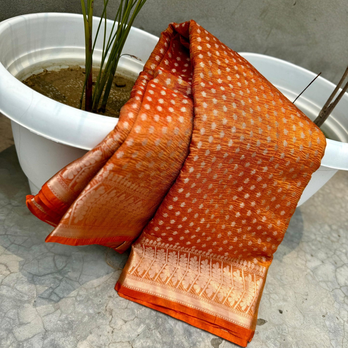 Orange Banarasi Crush Tissue Silk Saree Alna Apparels