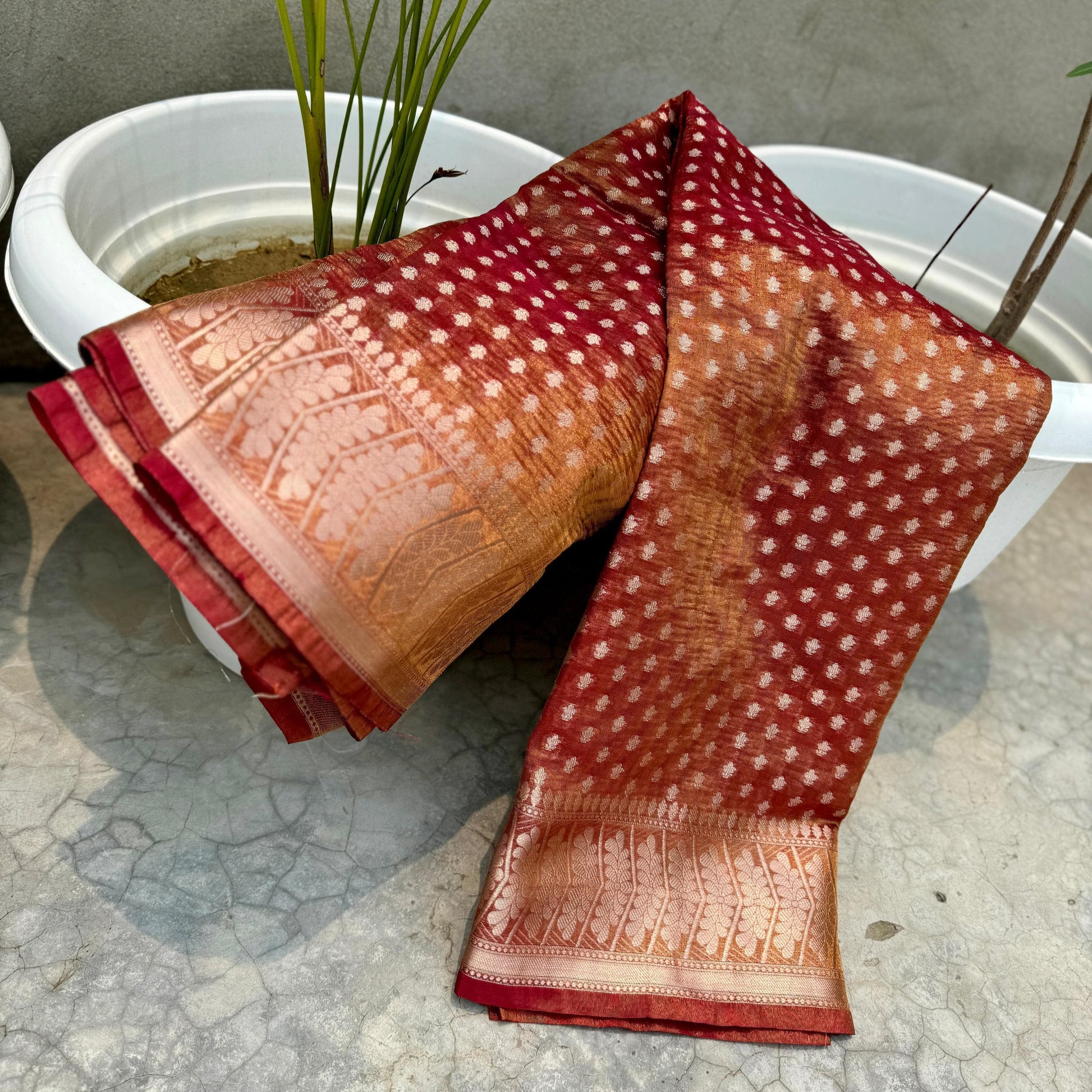 Maroon Banarasi Crush Tissue Silk Saree Alna Apparels