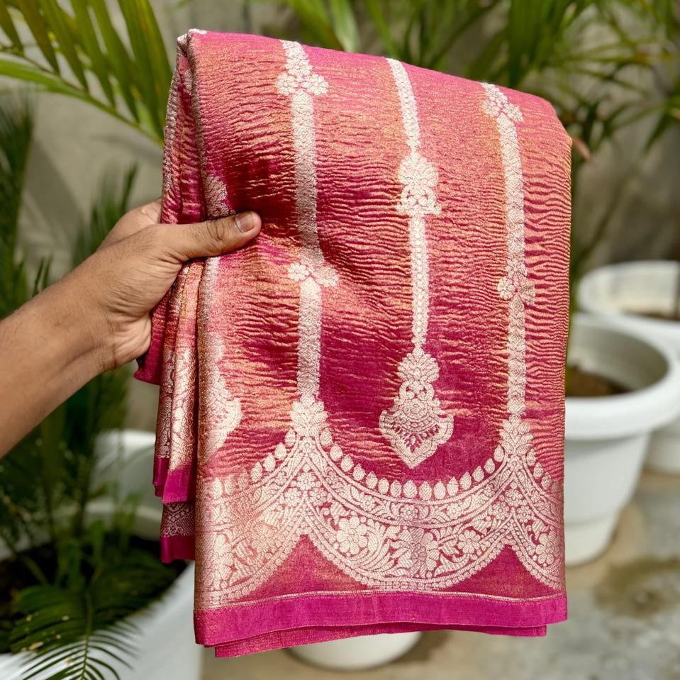 Pink Banarasi Crush Tissue Silk Saree Alna Apparels