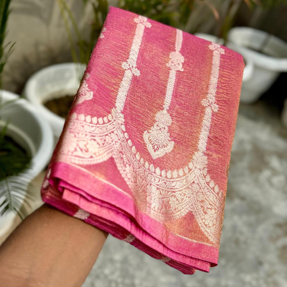 Pink Banarasi Crush Tissue Silk Saree Alna Apparels