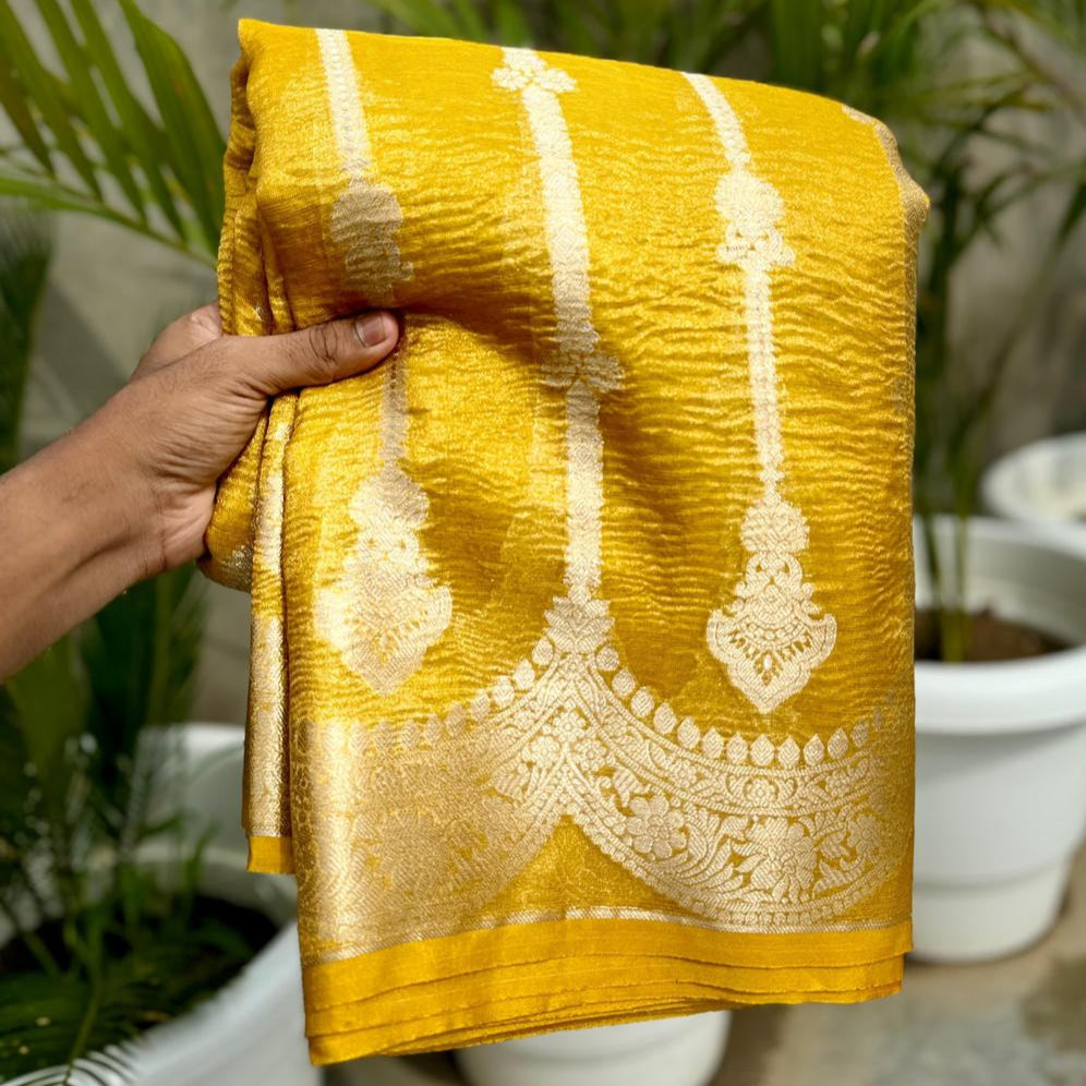 Yellow Banarasi Crush Tissue Silk Saree Alna Apparels