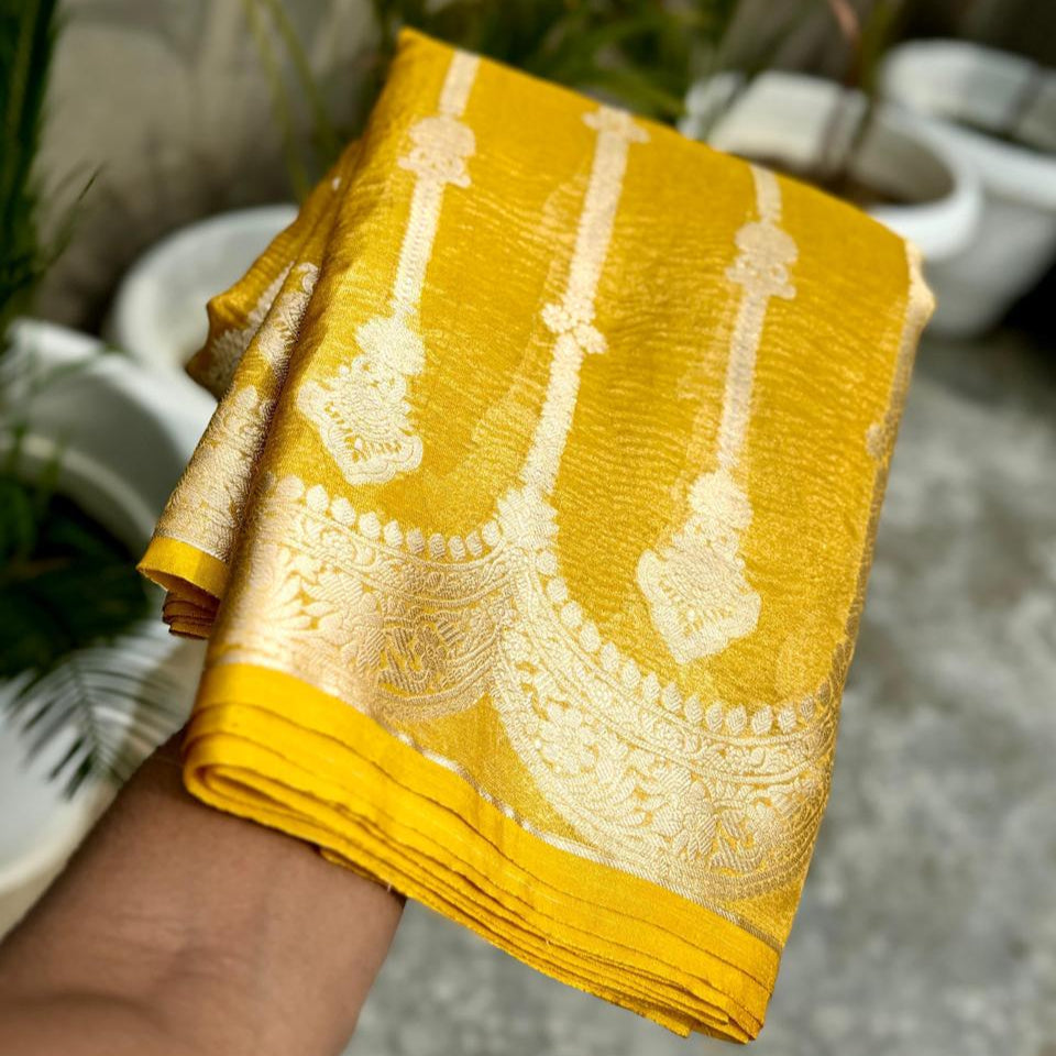 Yellow Banarasi Crush Tissue Silk Saree Alna Apparels