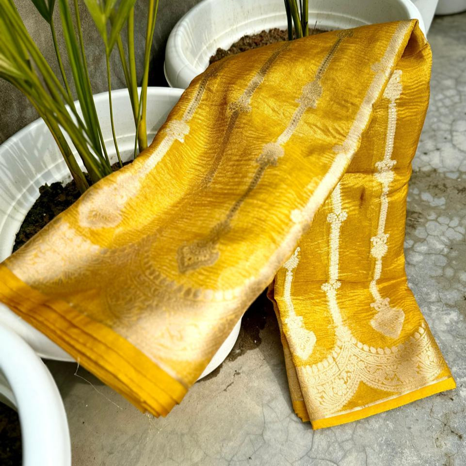 Yellow Banarasi Crush Tissue Silk Saree Alna Apparels