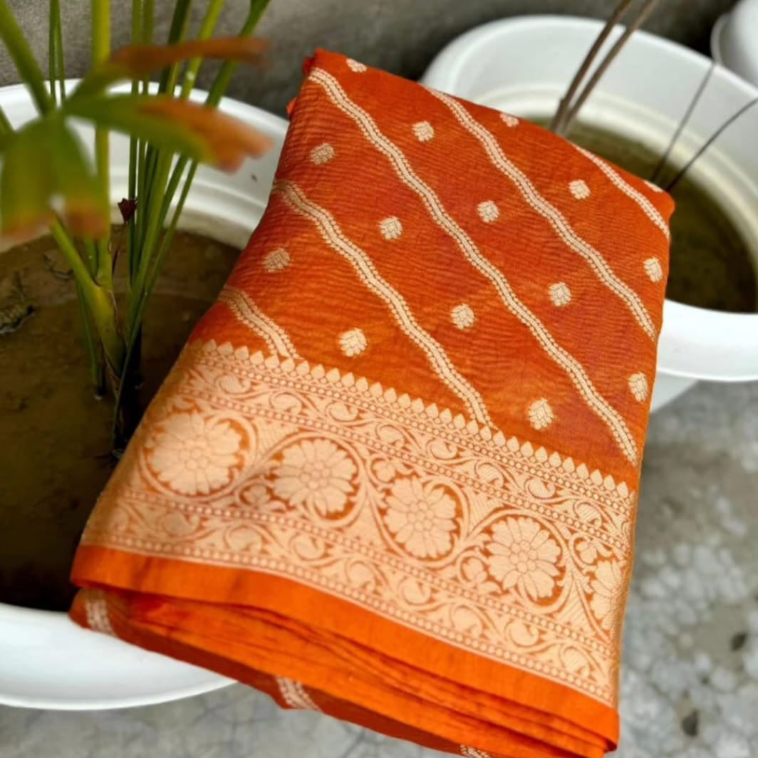 Orange Banarasi Crush Tissue Silk Saree Alna Apparels