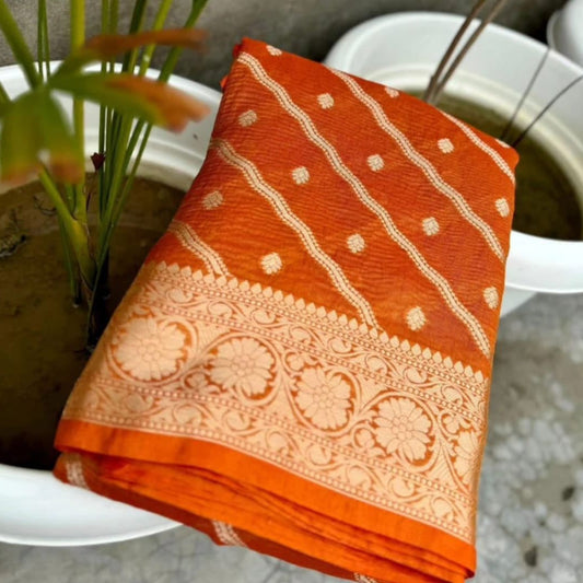 Orange Banarasi Crush Tissue Silk Saree Alna Apparels