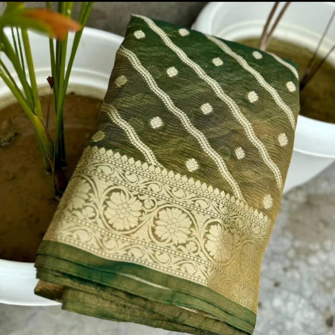 Olive Green Banarasi Crush Tissue Silk Saree Alna Apparels