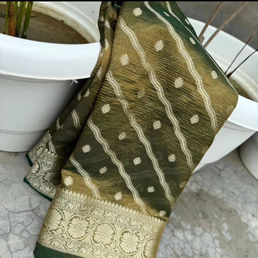 Olive Green Banarasi Crush Tissue Silk Saree Alna Apparels