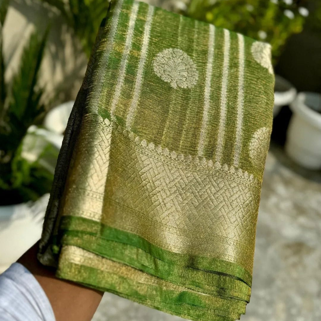 Olive Green Banarasi Crush Tissue Silk Saree Alna Apparels