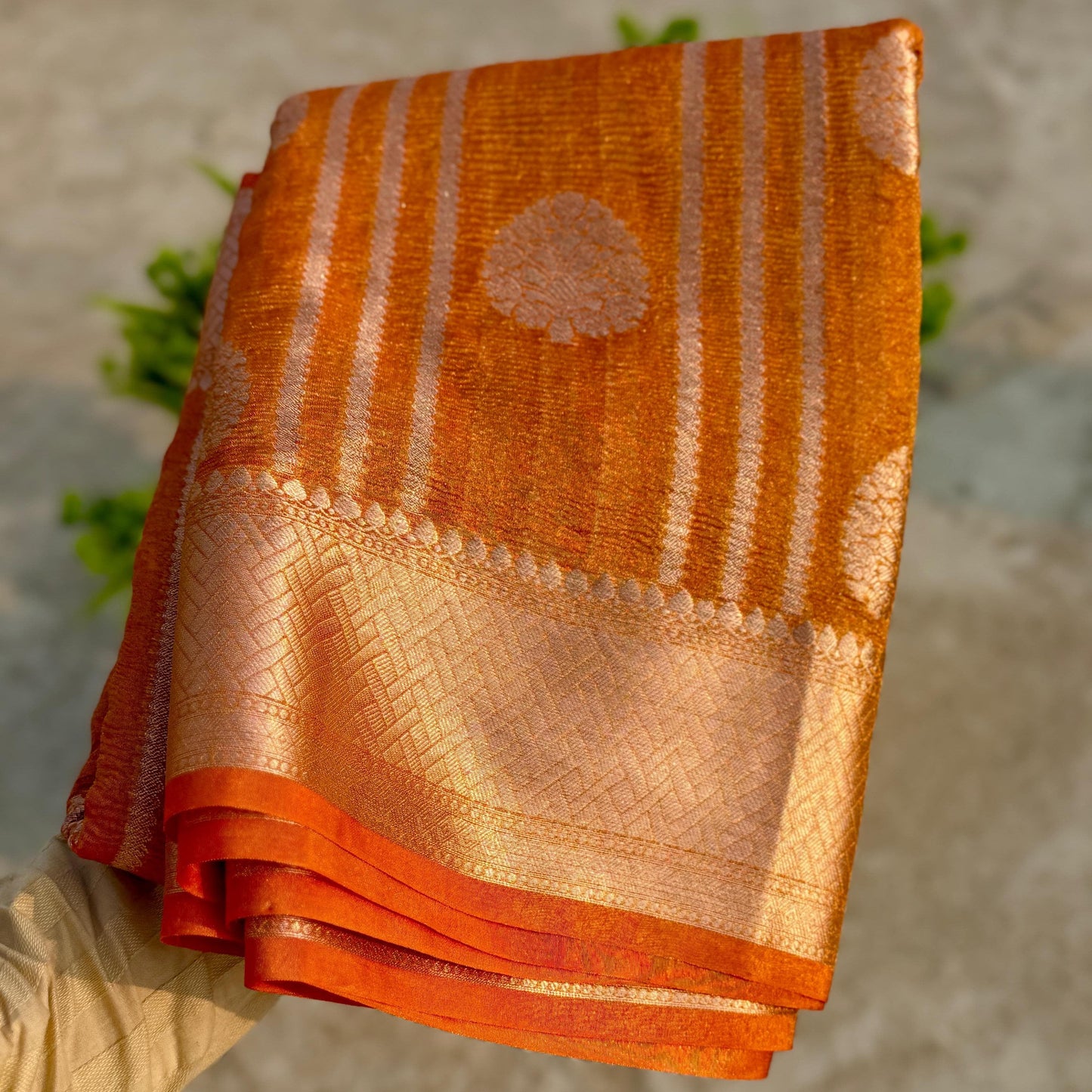 Orange Banarasi Crush Tissue Silk Saree Alna Apparels