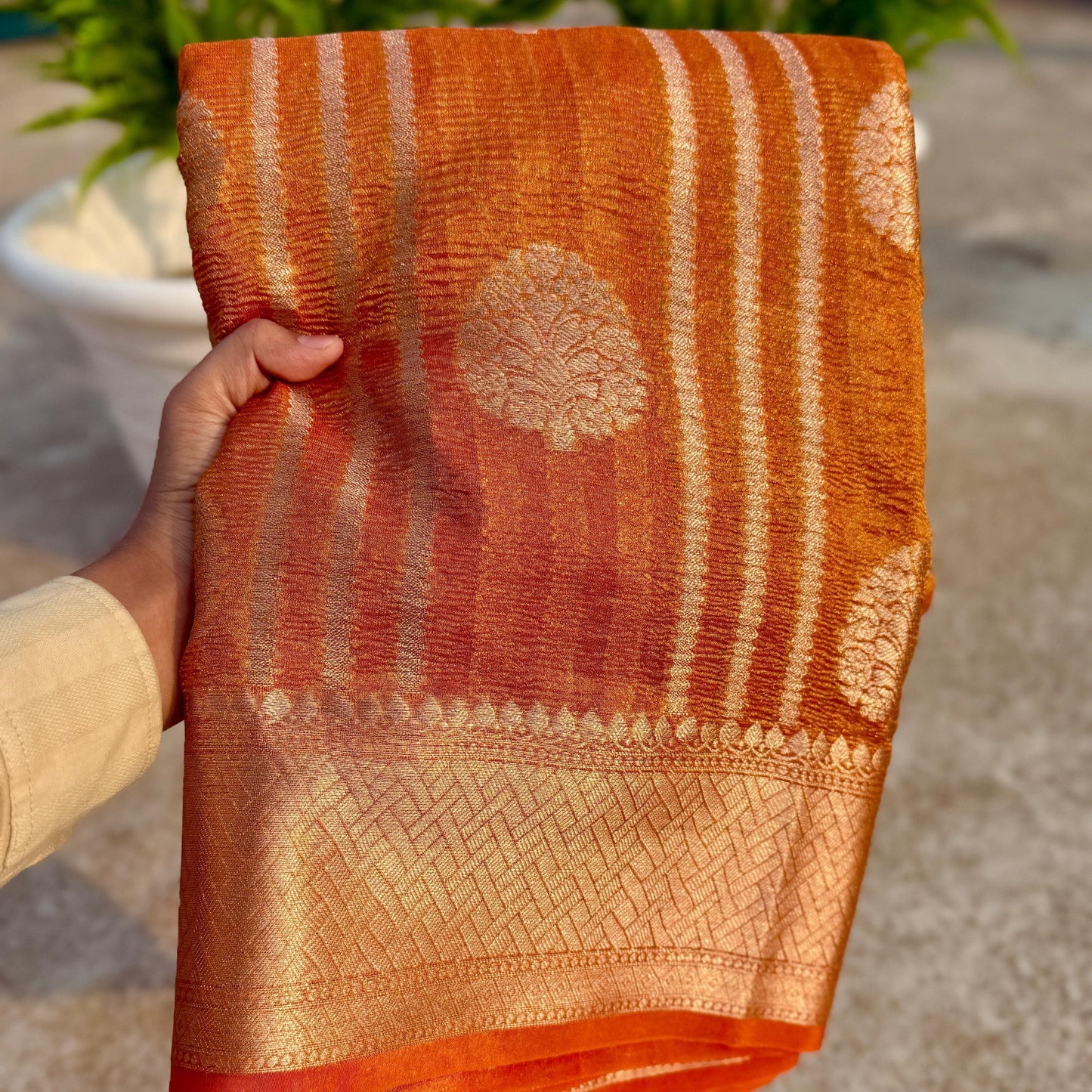 Orange Banarasi Crush Tissue Silk Saree Alna Apparels