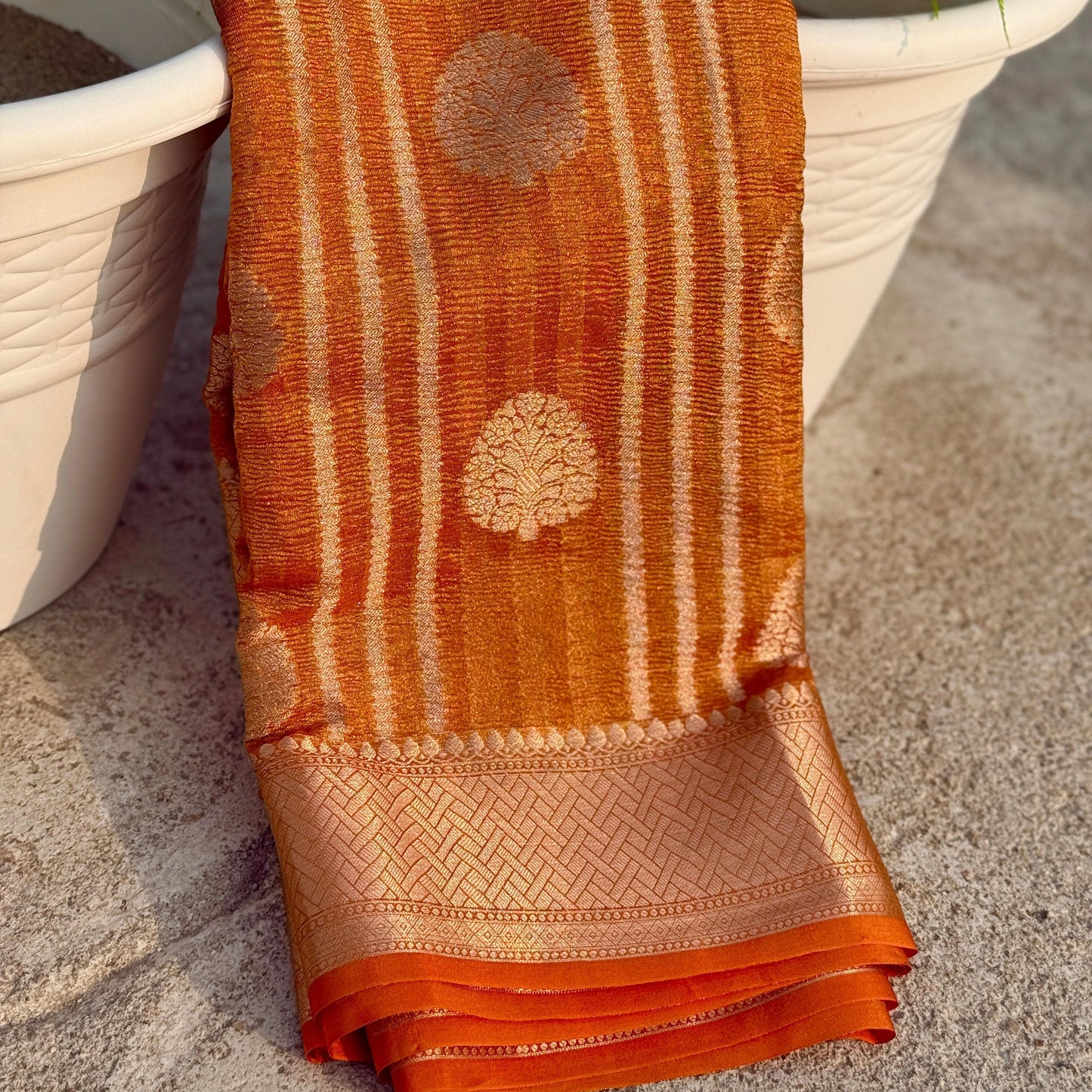 Orange Banarasi Crush Tissue Silk Saree Alna Apparels