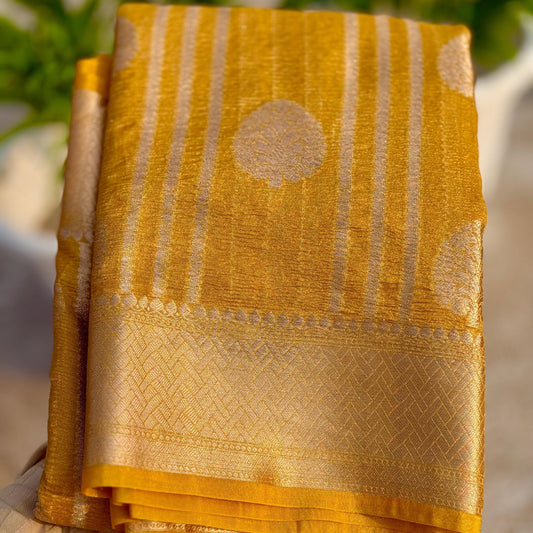 Mustard Yellow Banarasi Crush Tissue Silk Saree Alna Apparels